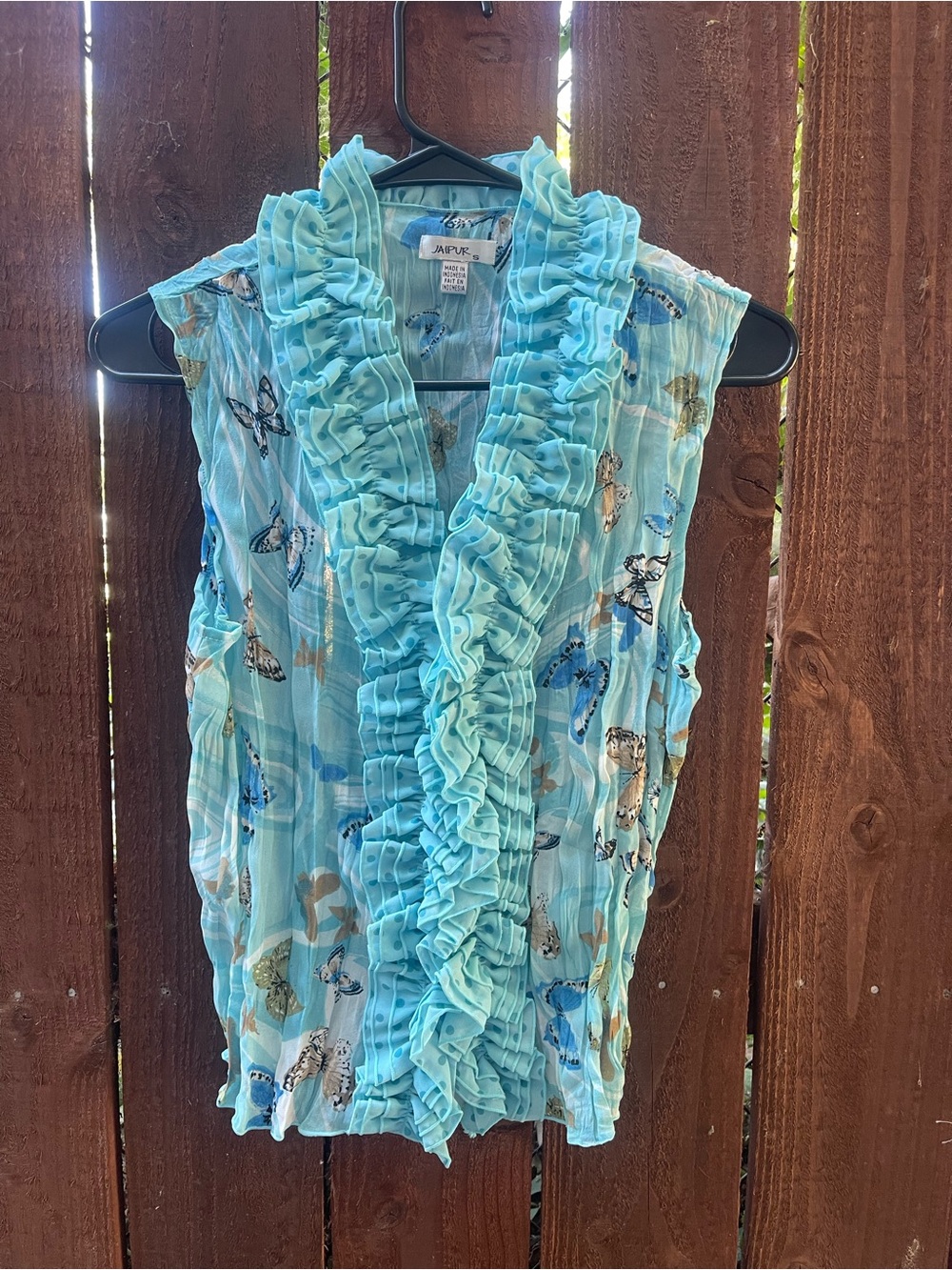 JAIPUR Blue Butterfly Crinkle Ruffle 70s Vibe Y2k Whimsy Button Down Sz S